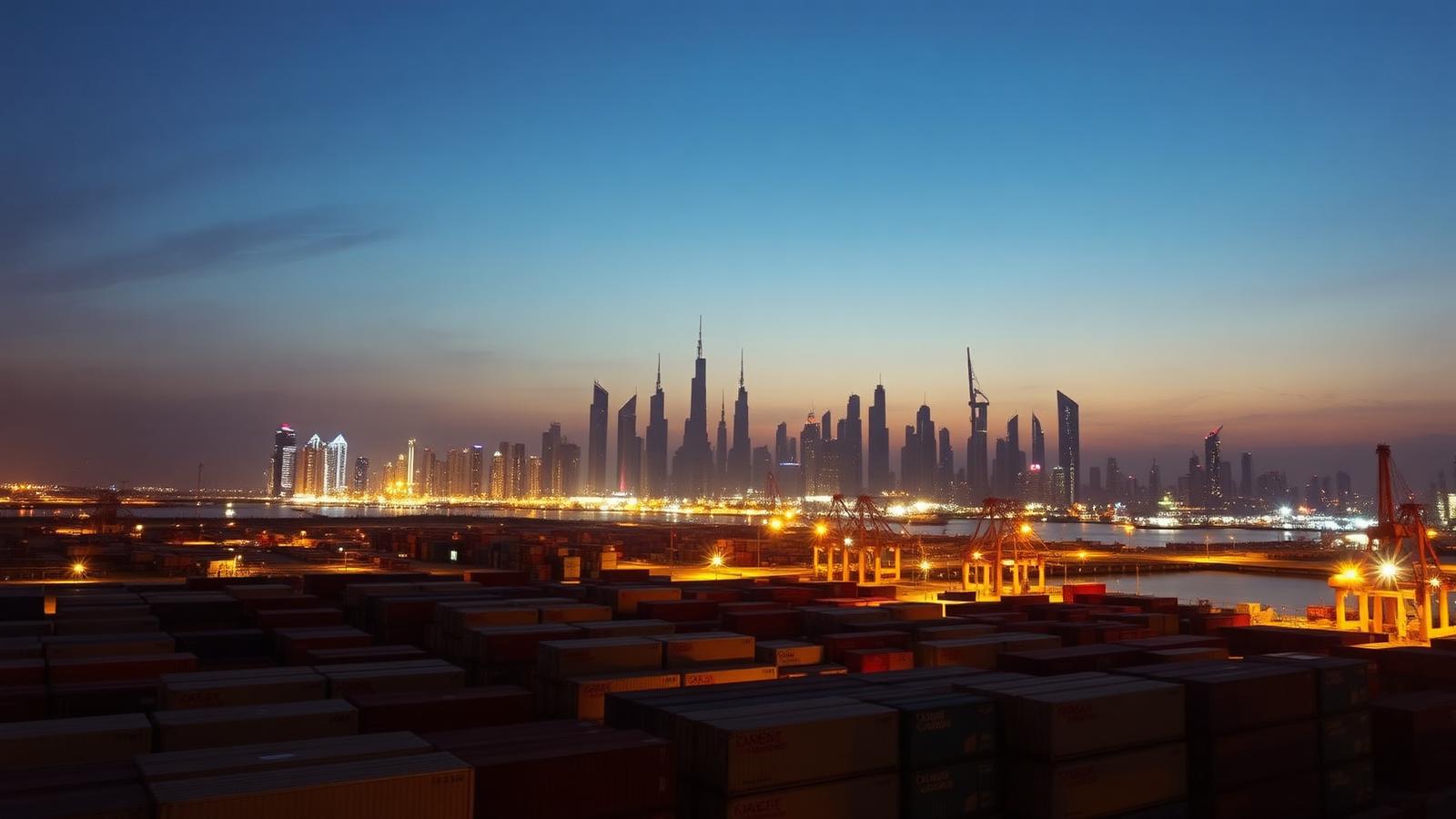 Dubai skyline behind Jebel Ali port